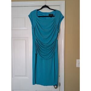 Connected Apparel Teal Ruched Drape Front Midi Dress- Size 16- NWT